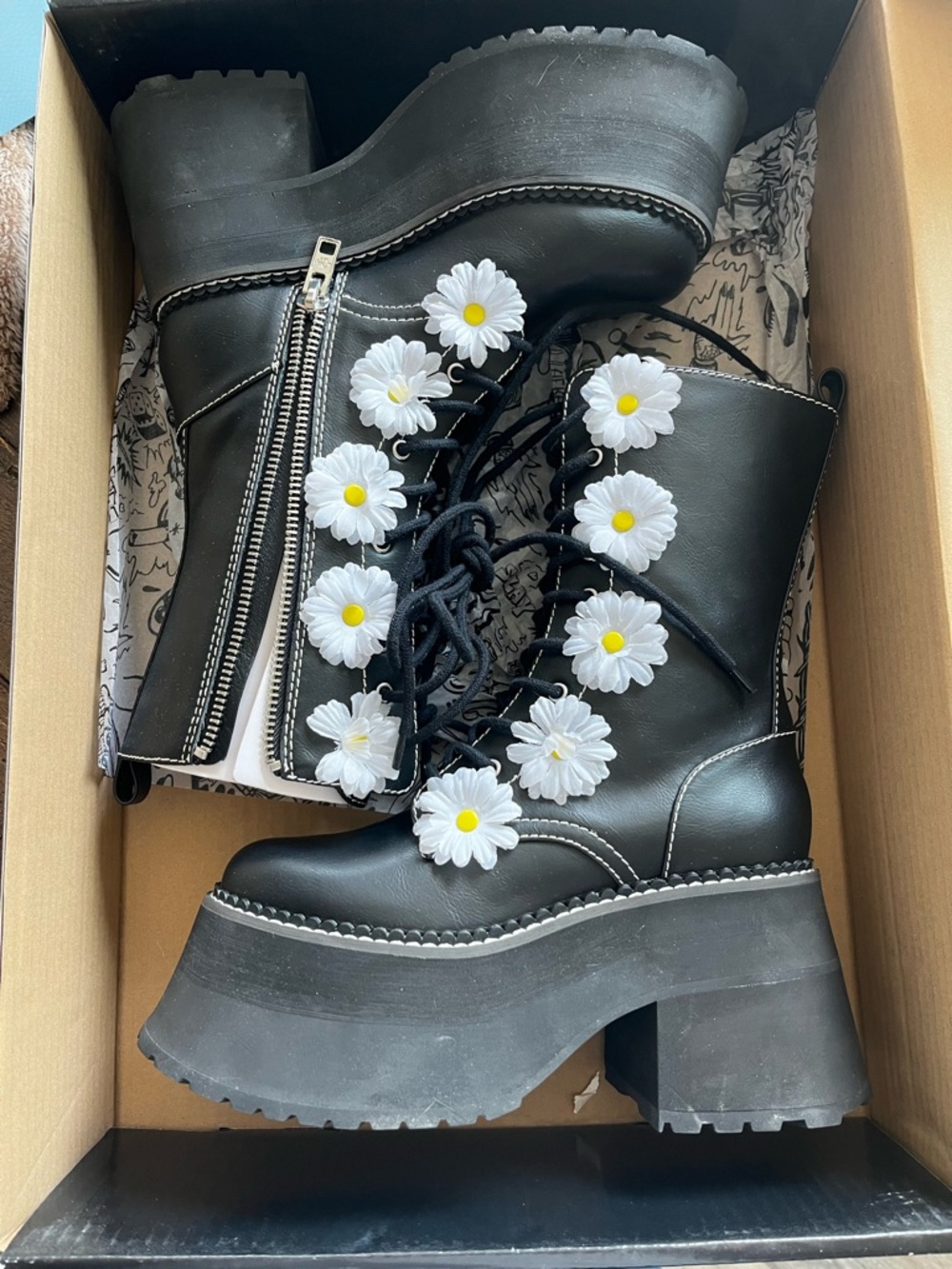 Dolls Kill Black Platform Combat Boots with White Daisy Accents - Women's Shoes